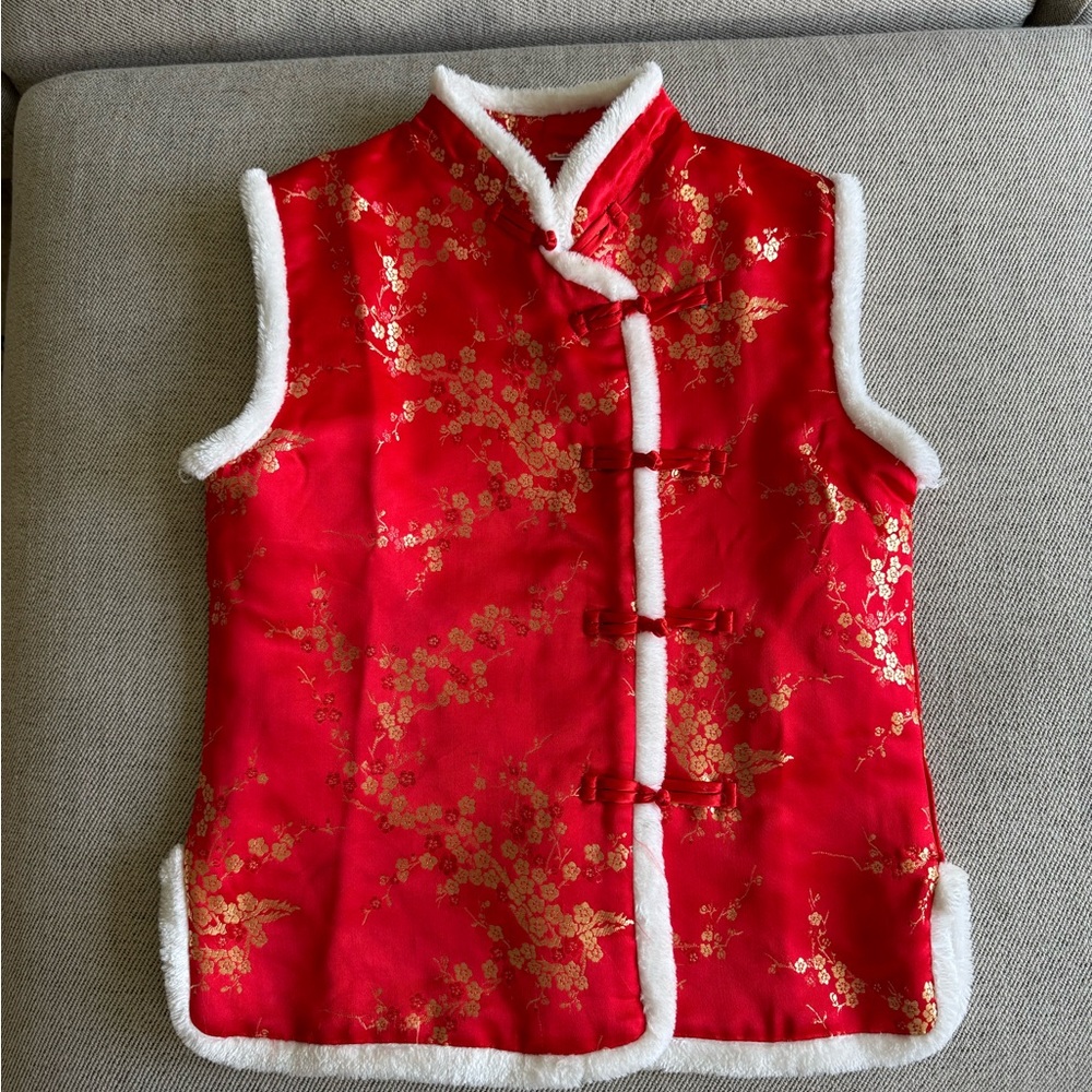 Red and Gold Sleeveless Vest with White Trim